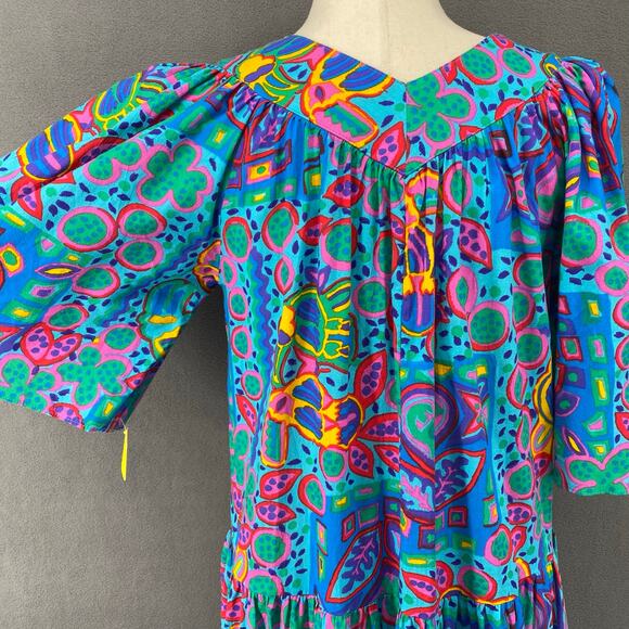 Vtg 80s 90s Two Potato Laguna Beach Artsy Midi Tiered Muumuu Dress XS Cotton NOS - Picture 7 of 15